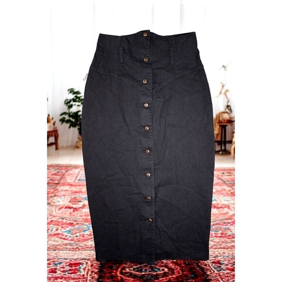 Stuffed Shirt Dresses & Skirts - Vintage YES Clothing Co. High-Waisted Black Denim Midi Skirt - Made in USA -9